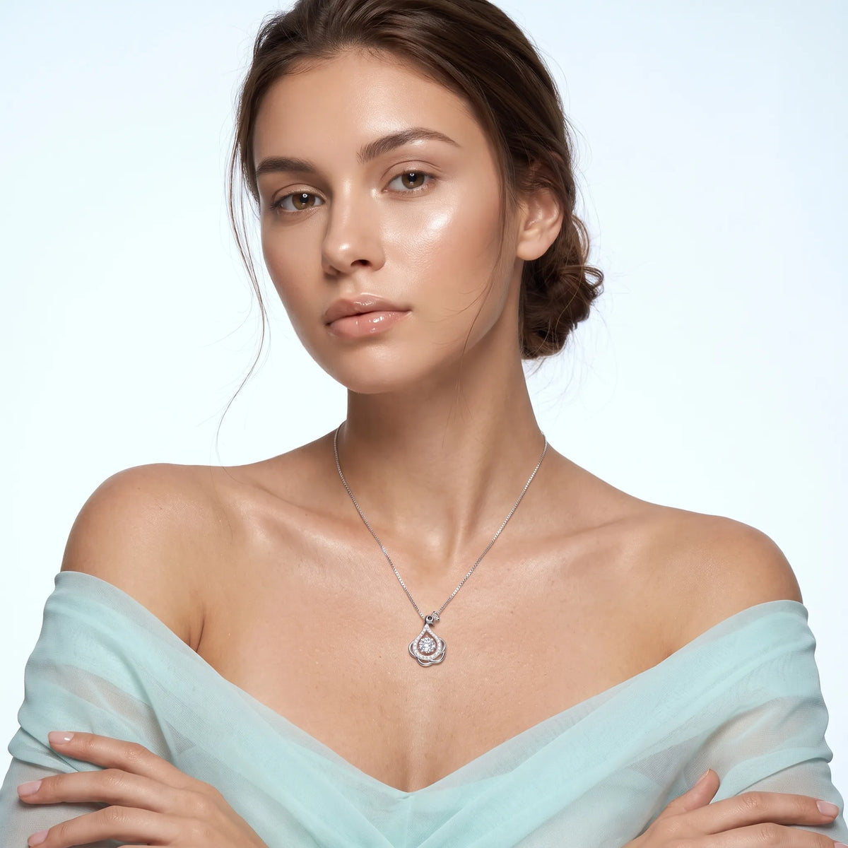 925 Silver Dancing Peacock Pendant Necklace on Model