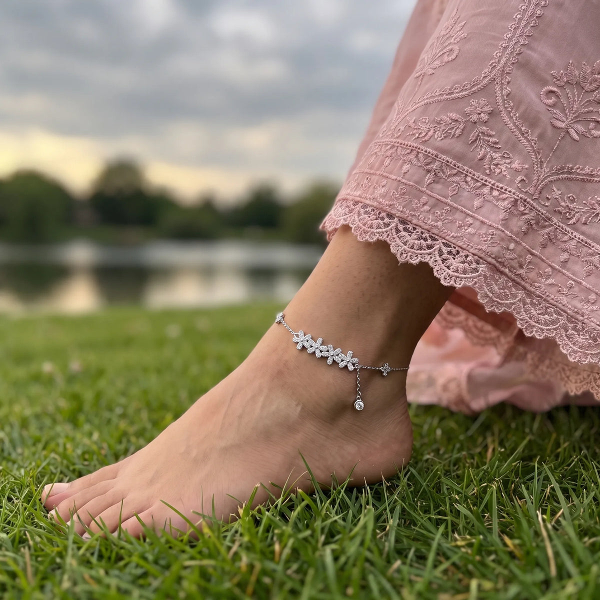 925 Silver Floral Sparkle Anklet on Model