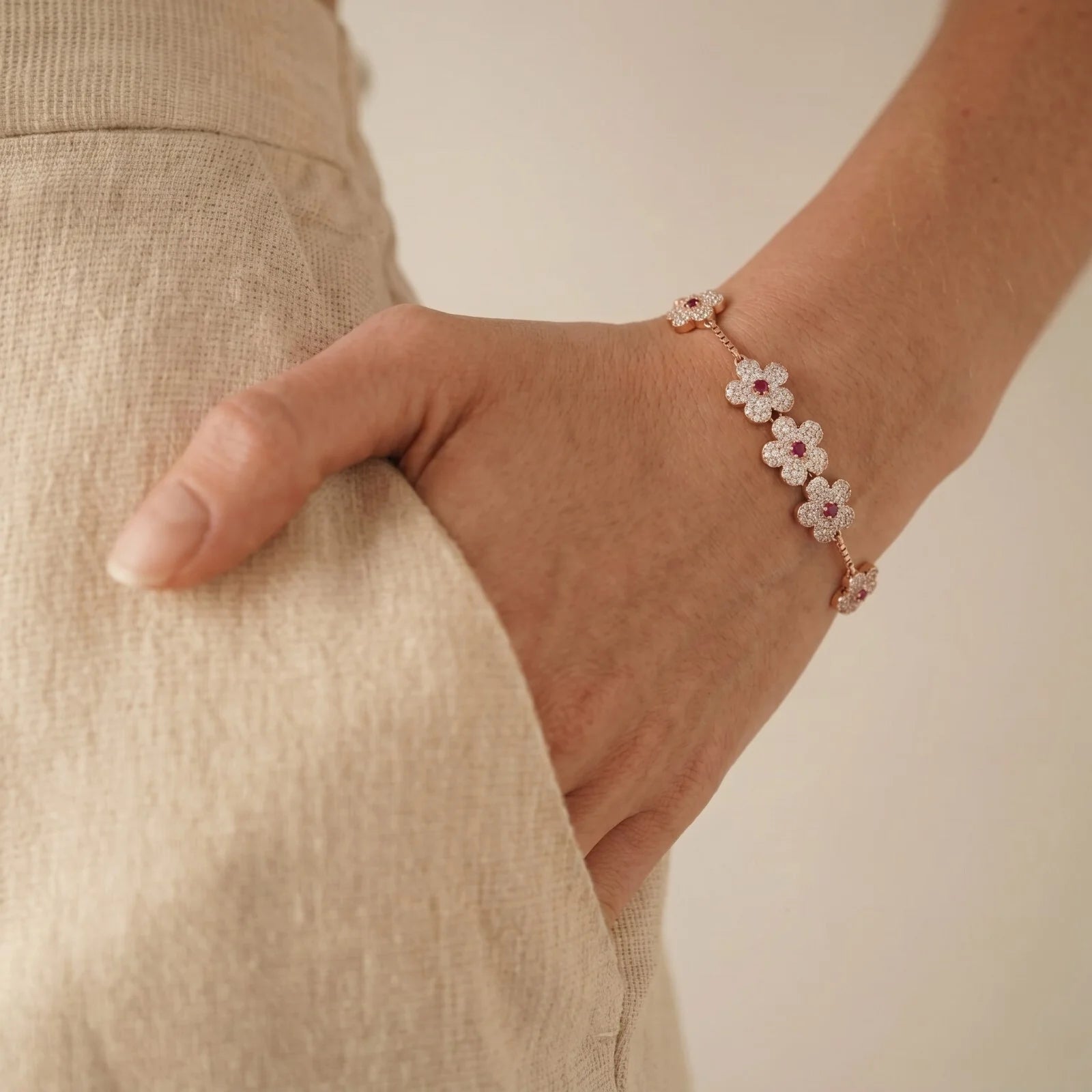 925 Silver Ruby Blossom Bracelet