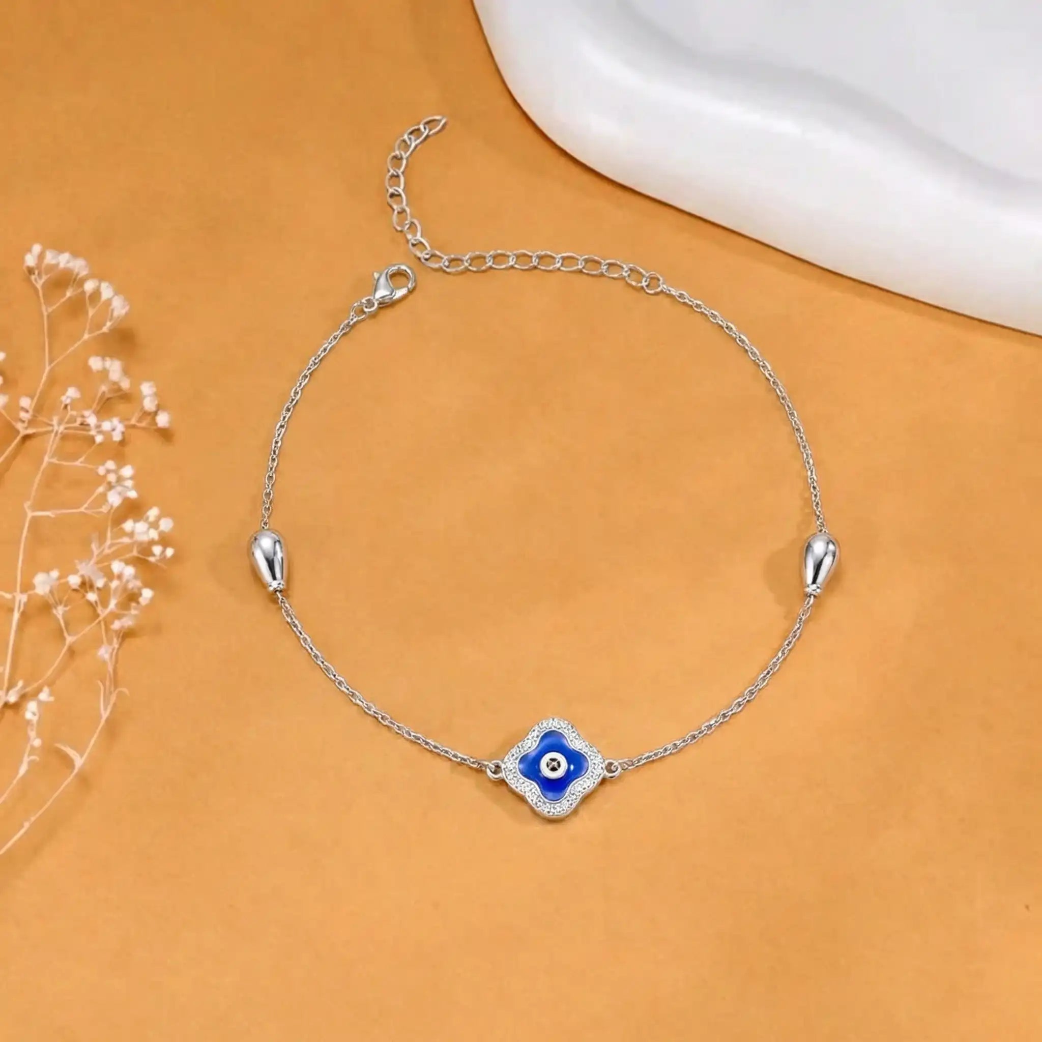 Blue Trio Charm Silver Anklet for Women