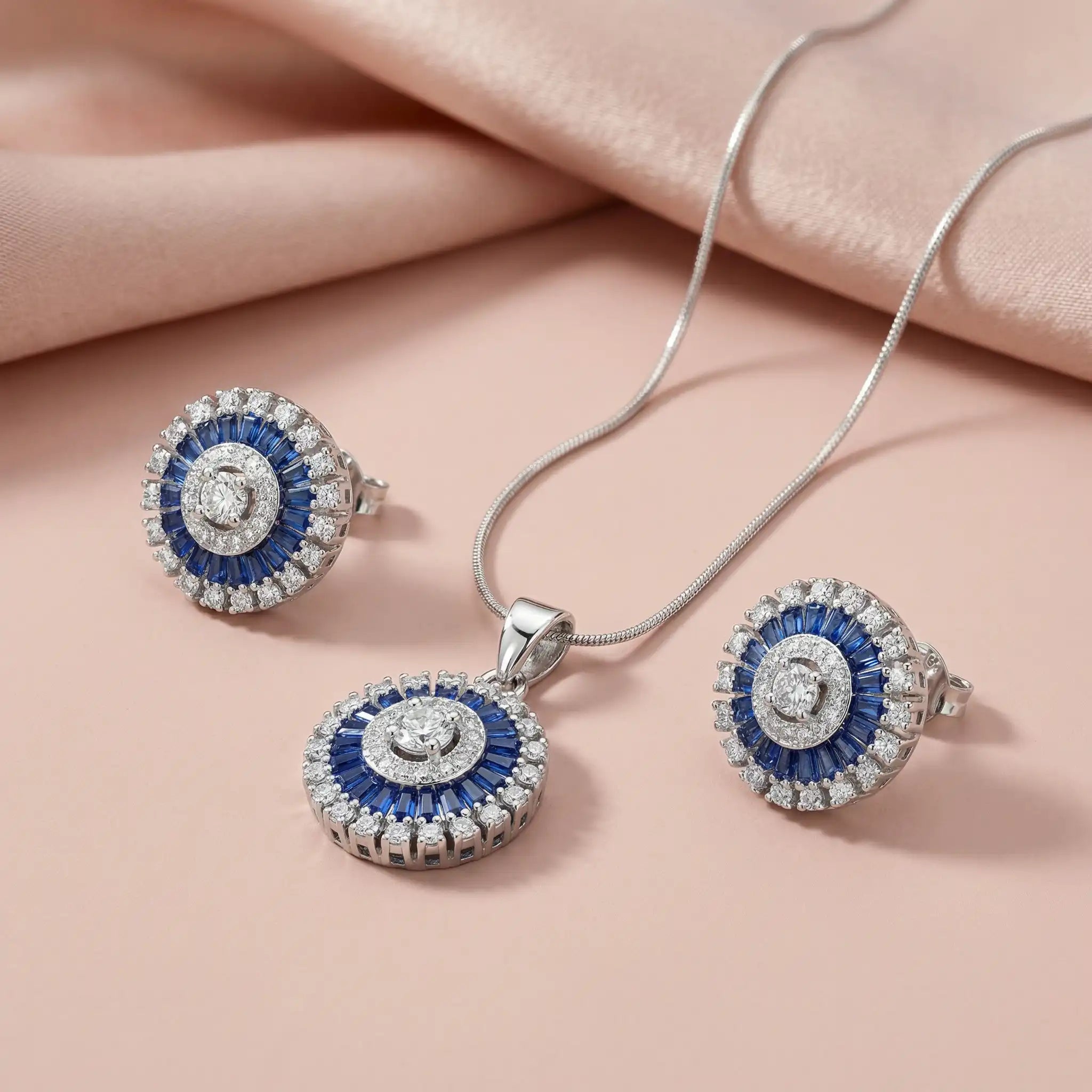 Blue Zaria Radiant Circle Sterling Silver Pendant Set for Women