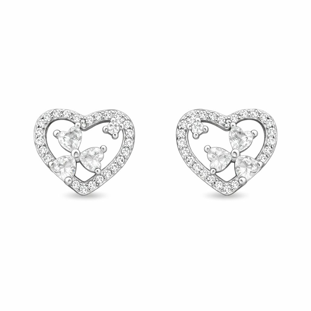 Heart-shaped earrings with butterfly design on a white background