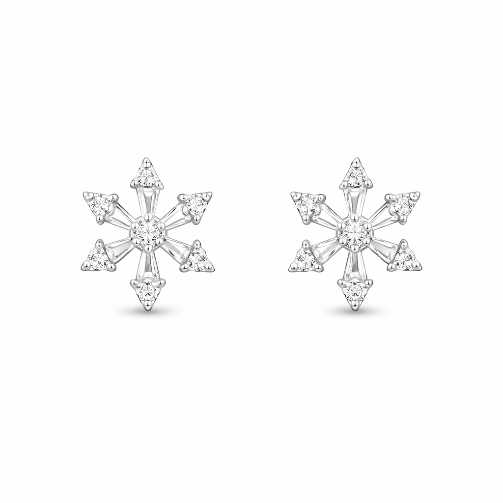 Snowflake-shaped earrings with clear gemstones on a white background