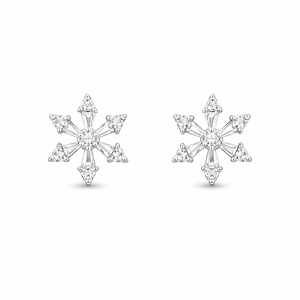 Snowflake-shaped earrings with clear gemstones on a white background