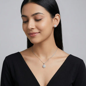Woman Wearing Elara Bloom Sterling Silver Pendant Set