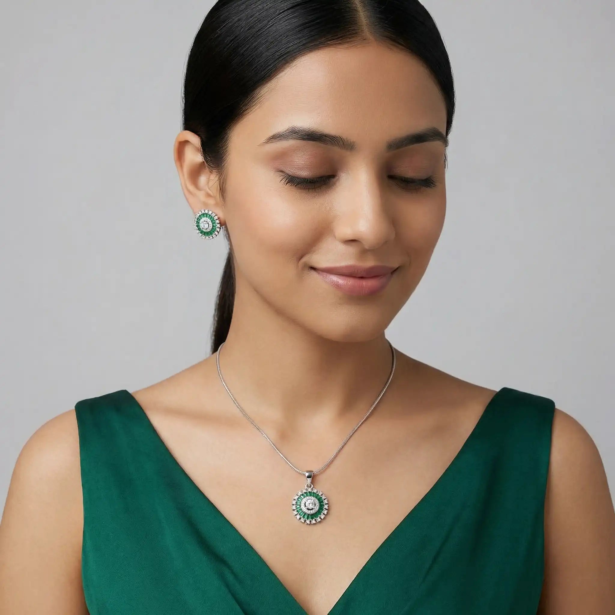 Woman Wearing Green Zaria Radiant Circle Pendant Set