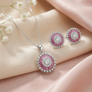 Pink Zaria Radiant Circle Sterling Silver Pendant Set