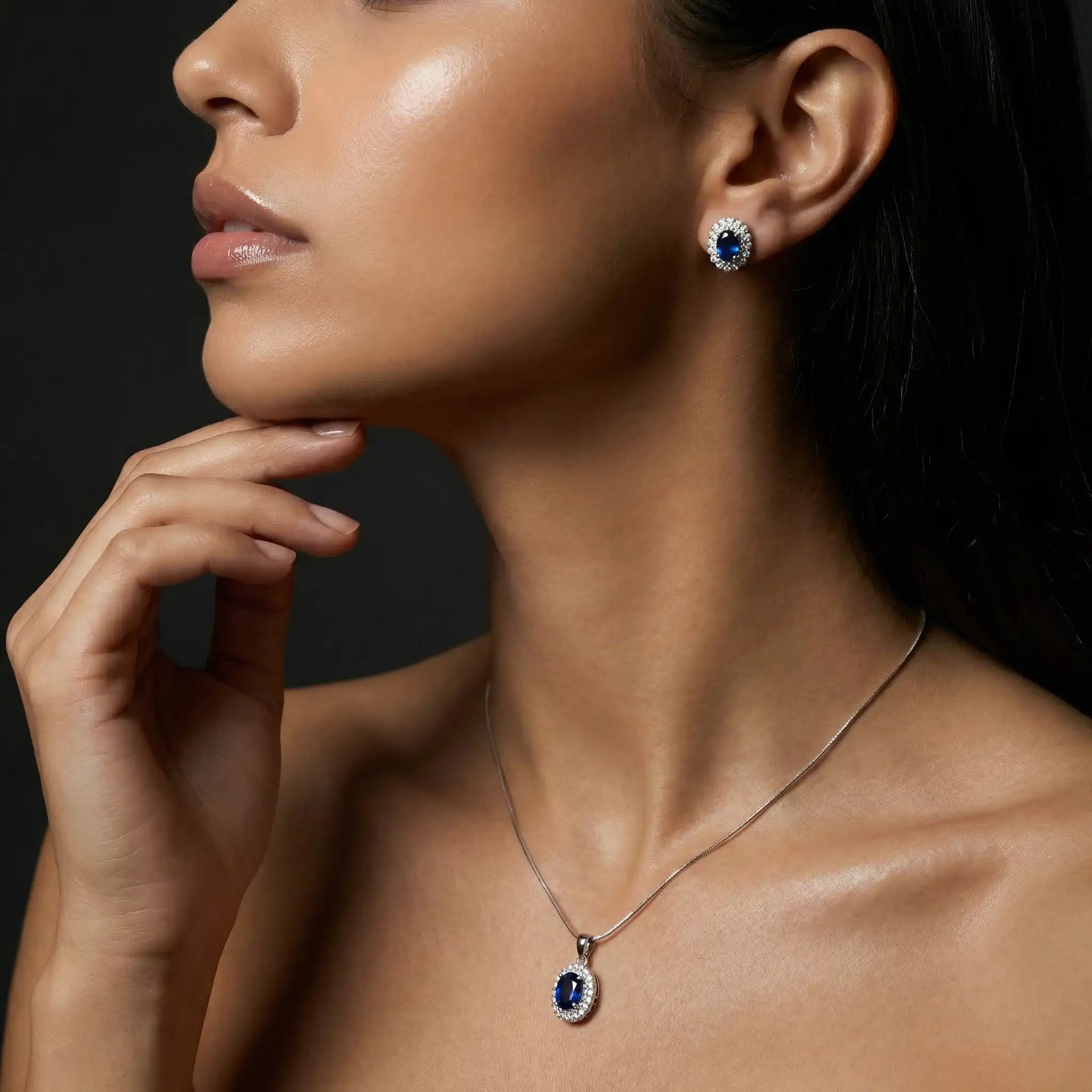 Woman Wearing Royal Blue Halo Sterling Silver Pendant Set