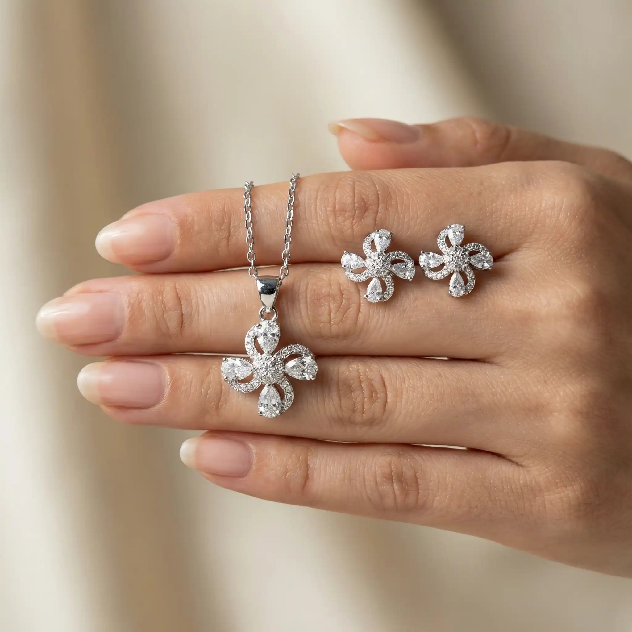 925 Sterling Silver Floral Petal CZ Pendant & Earring Set | Aurakriti
