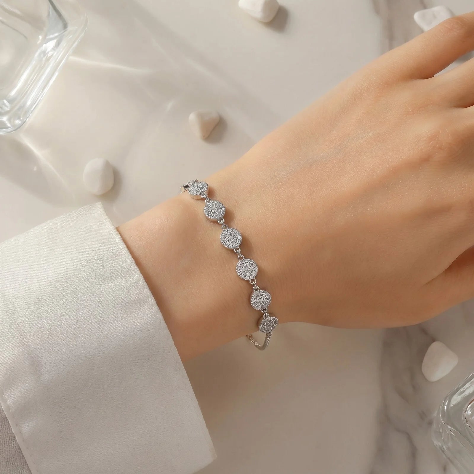 Silver Floral Radiance Bracelet on Wrist