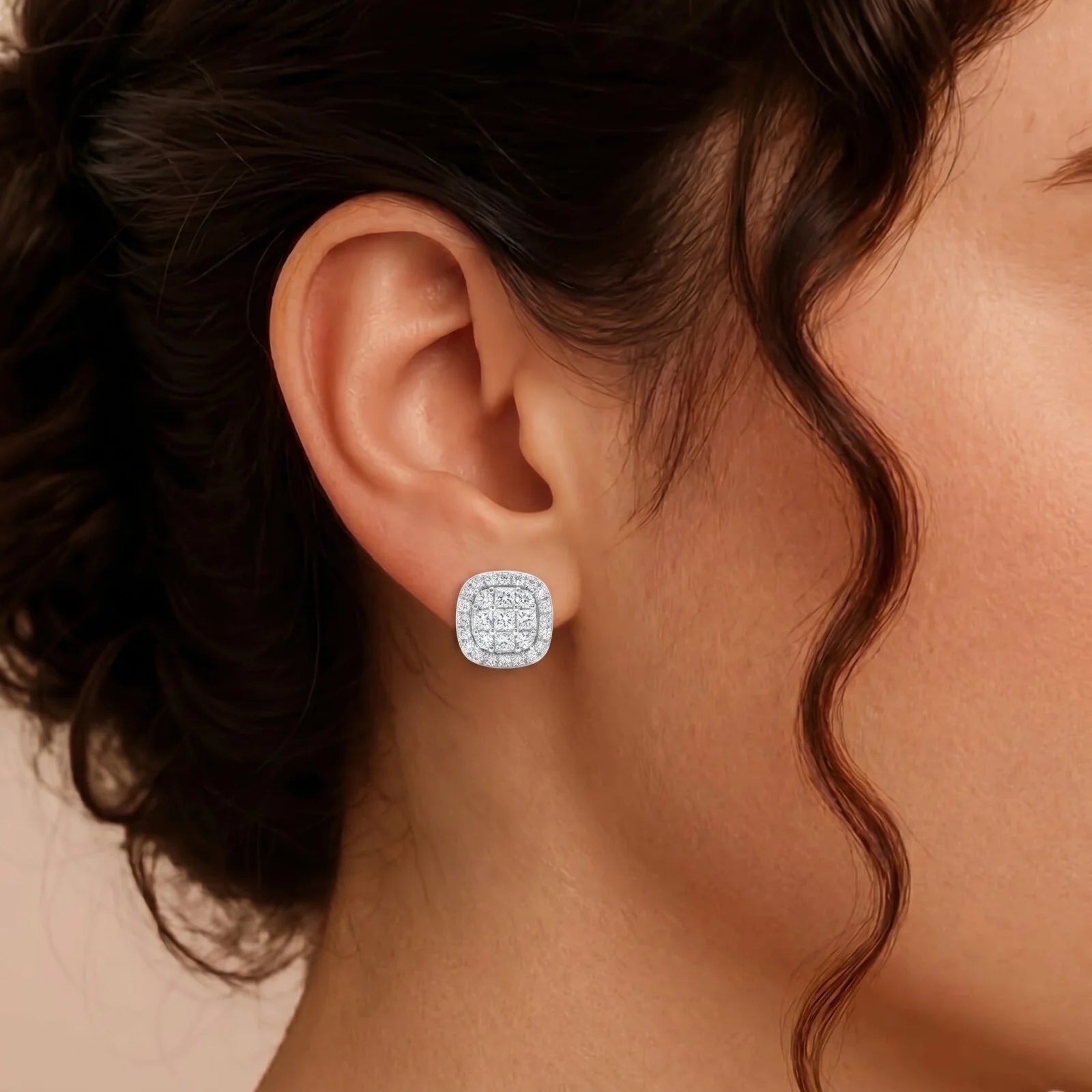 Princess Cut Halo Stud Earrings